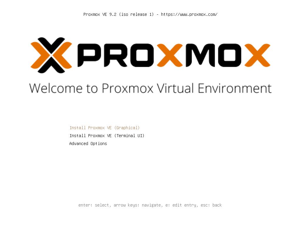 Menu de démarrage de l'ISO Proxmox VE 9.2
