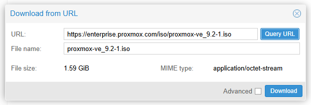 Fenêtre Download from URL du stockage local : URL, nom de fichier, taille et type de l'ISO Proxmox VE 9.2