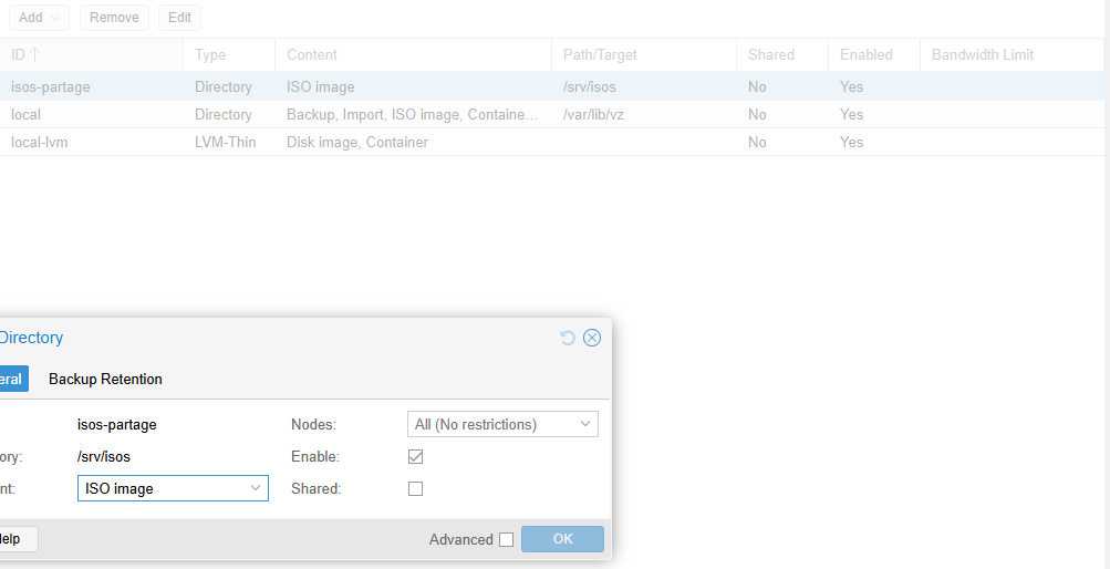 Le stockage isos-partage dans Datacenter → Storage