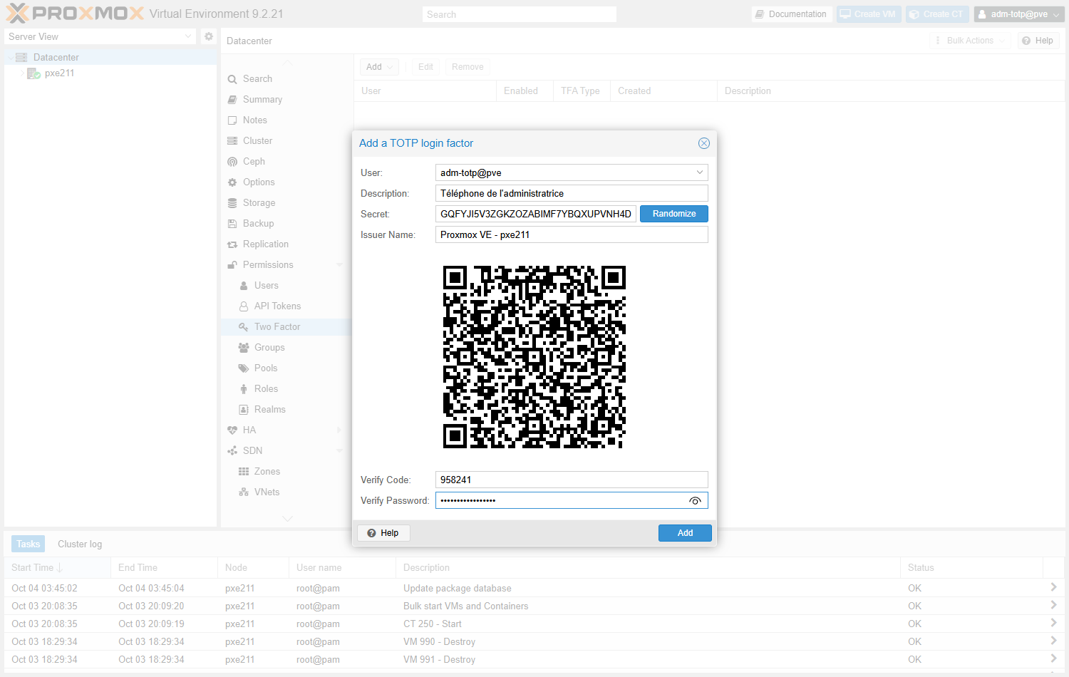Fenêtre Add a TOTP login factor remplie : utilisateur, description, secret, QR code, code de vérification et mot de passe à confirmer