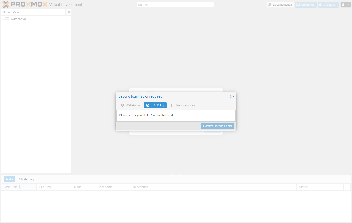 Fenêtre Second login factor required : onglets WebAuthn, TOTP App et Recovery Key, champ du code TOTP