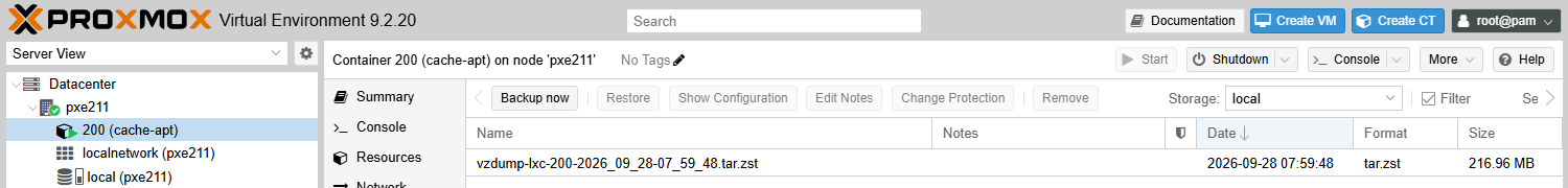 Onglet Backup du conteneur