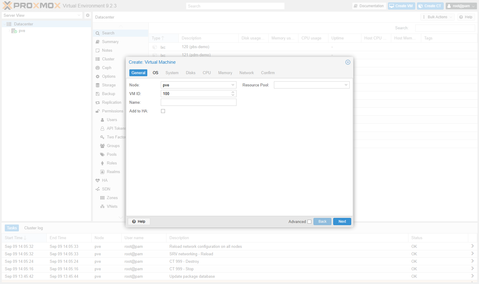 Assistant « Create: Virtual Machine » de Proxmox VE 9, onglet General : la barre d'onglets General, OS, System, Disks, CPU, Memory, Network, Confirm en haut, puis les champs Node, VM ID (100), Name et la case Add to HA