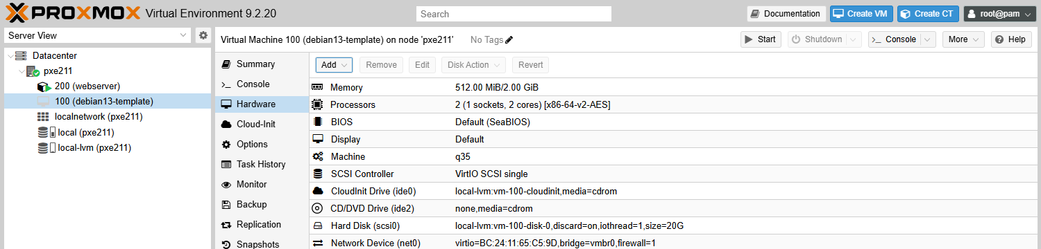 Onglet Hardware avec le lecteur cloud-init