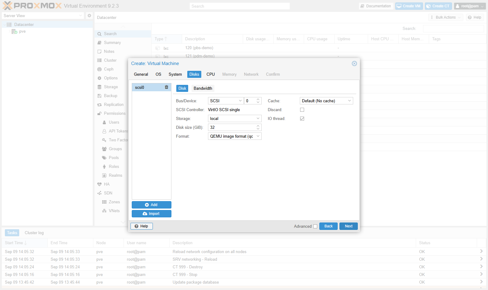 Assistant Create Virtual Machine de Proxmox, onglet Disks avec bus, stockage, taille et format