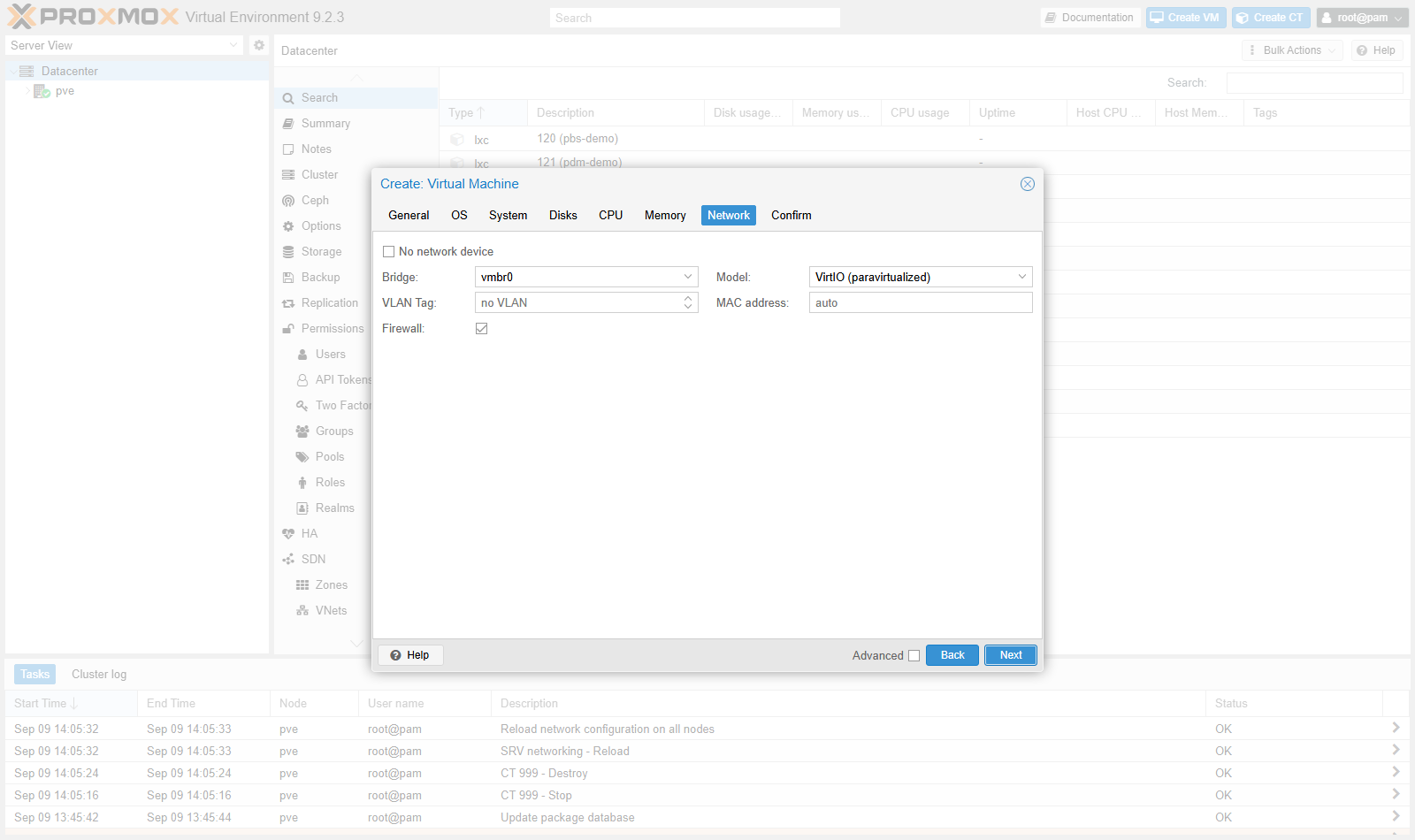 Assistant Create Virtual Machine de Proxmox, onglet Network avec bridge, modele et pare-feu