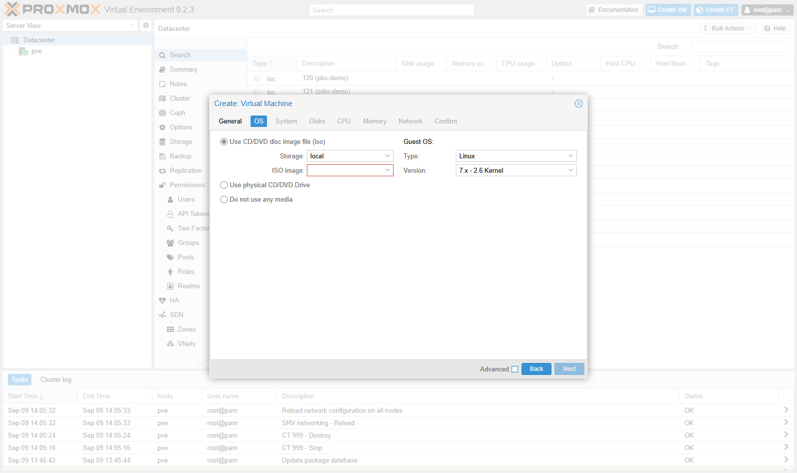 Assistant Create Virtual Machine de Proxmox, onglet OS avec le choix du support et du systeme invite