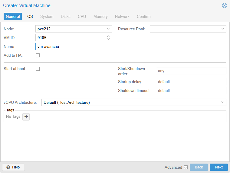 Assistant Create VM, case Advanced cochée, onglet General : Start at boot, Start/Shutdown order, Startup delay, Shutdown timeout, vCPU Architecture et Tags