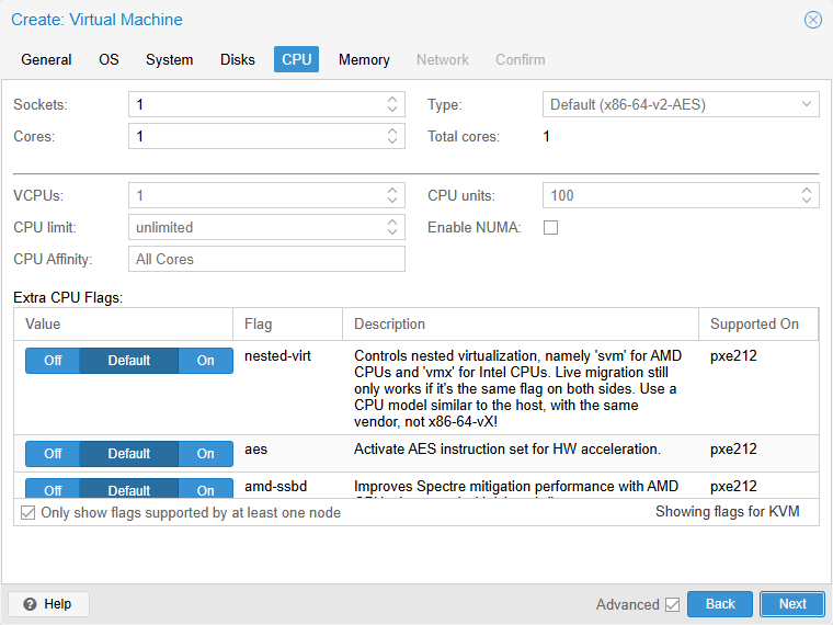 Onglet CPU en mode avancé : VCPUs (*virtual CPUs*, processeurs virtuels), CPU limit, CPU Affinity, CPU units, Enable NUMA (*Non-Uniform Memory Access*) et la liste Extra CPU Flags