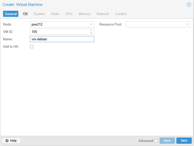 Assistant Create VM, onglet General : VM ID 105, nom vm-debian
