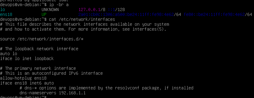 Console de la VM : ip -br a sans IPv4, et /etc/network/interfaces en inet6 auto