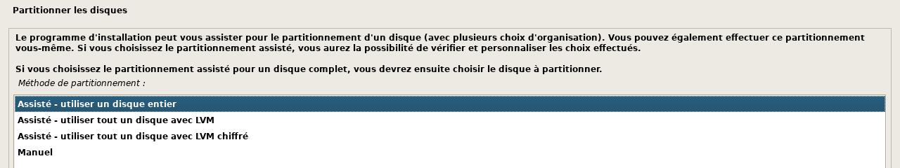 Installateur : le partitionnement assisté, disque entier
