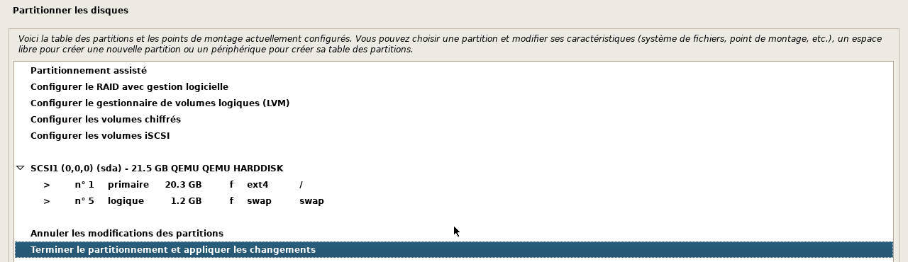 Installateur : le résultat, une partition ext4 et un swap