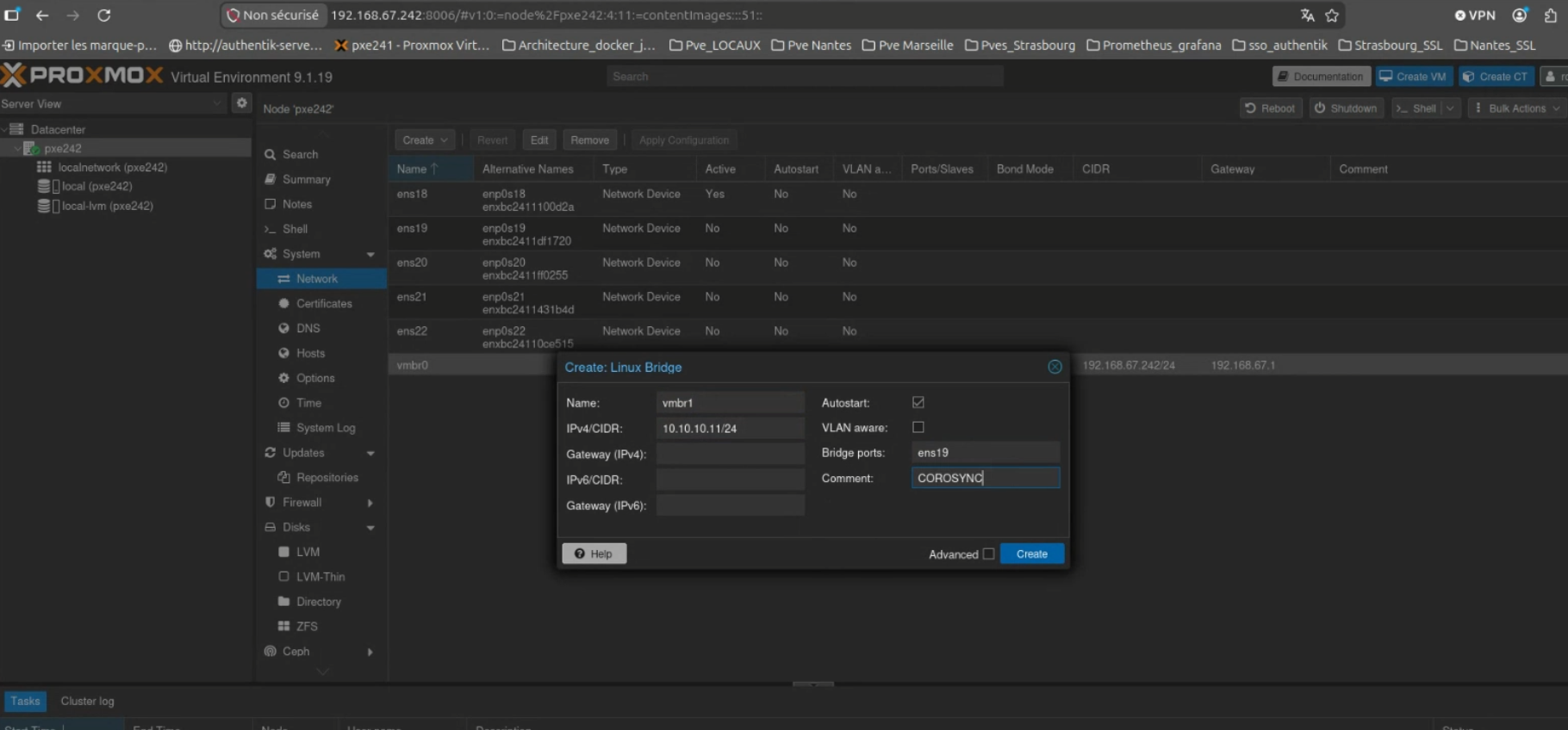 Fenêtre Create: Linux Bridge de Proxmox, pont vmbr1 rattaché à ens19