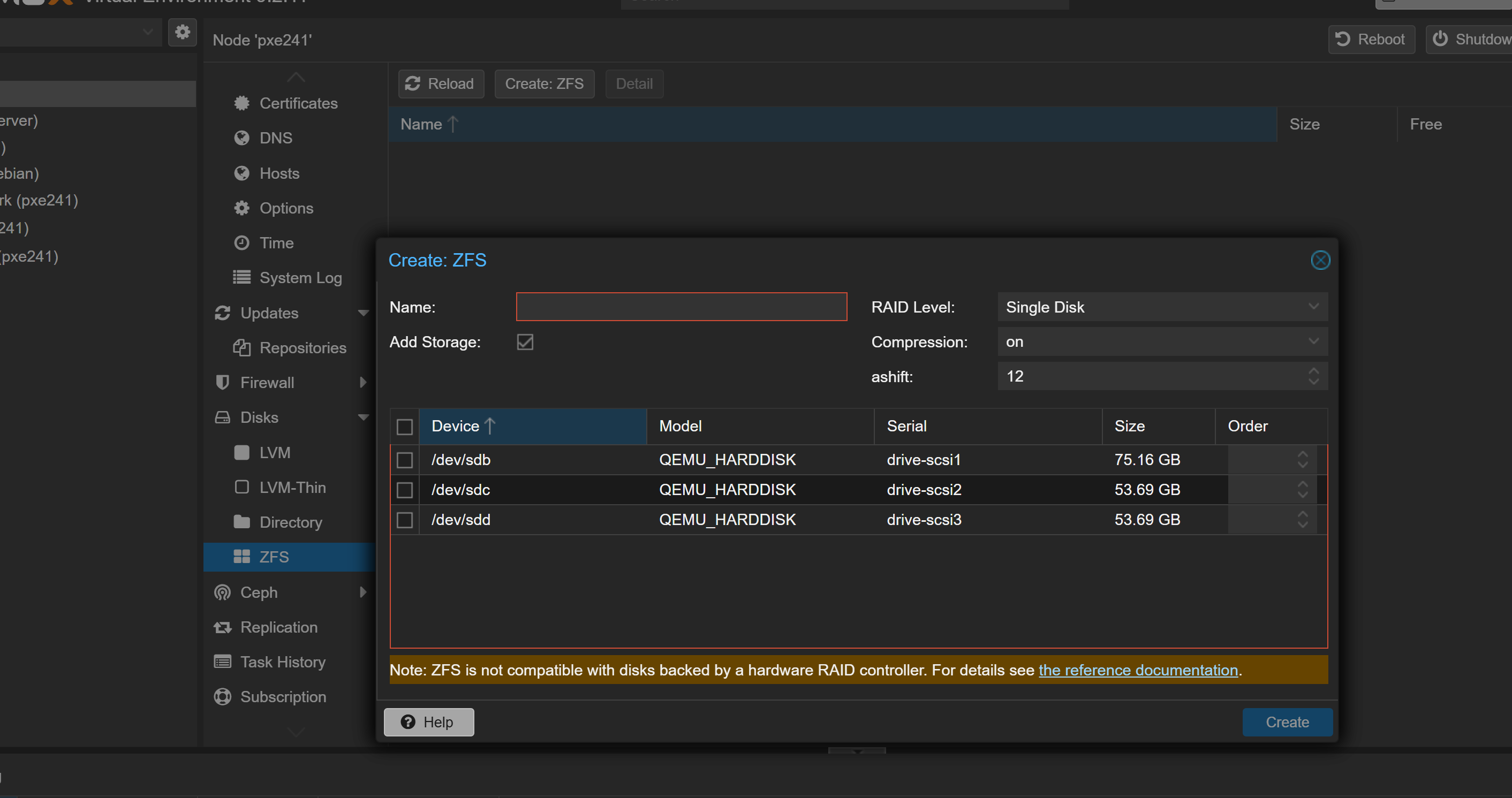Fenêtre Create: ZFS de Proxmox, avec les trois disques disponibles