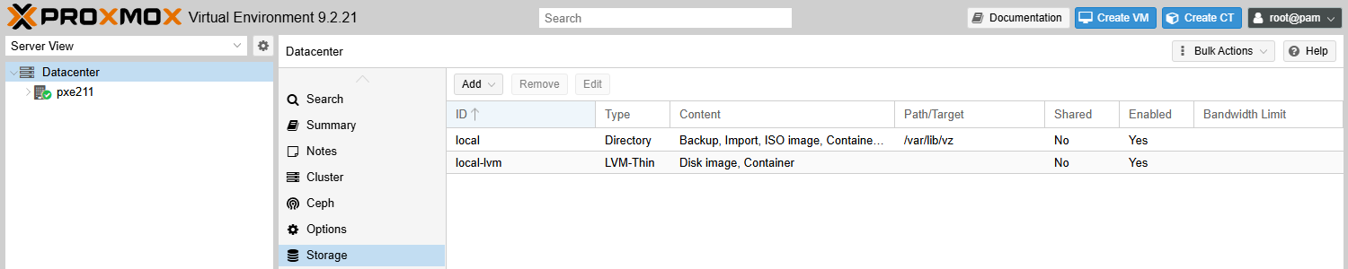 Datacenter → Storage sur pxe211 : local (Directory, /var/lib/vz, Shared No) et local-lvm (LVM-Thin, Shared No)