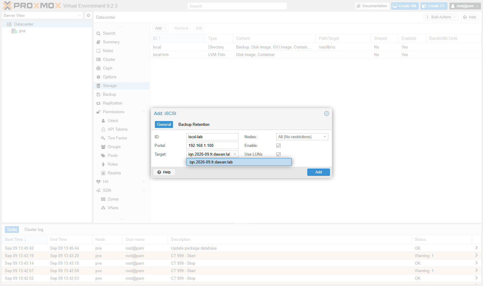 Fenetre Add: iSCSI de Proxmox, liste deroulante Target remplie apres saisie du portail