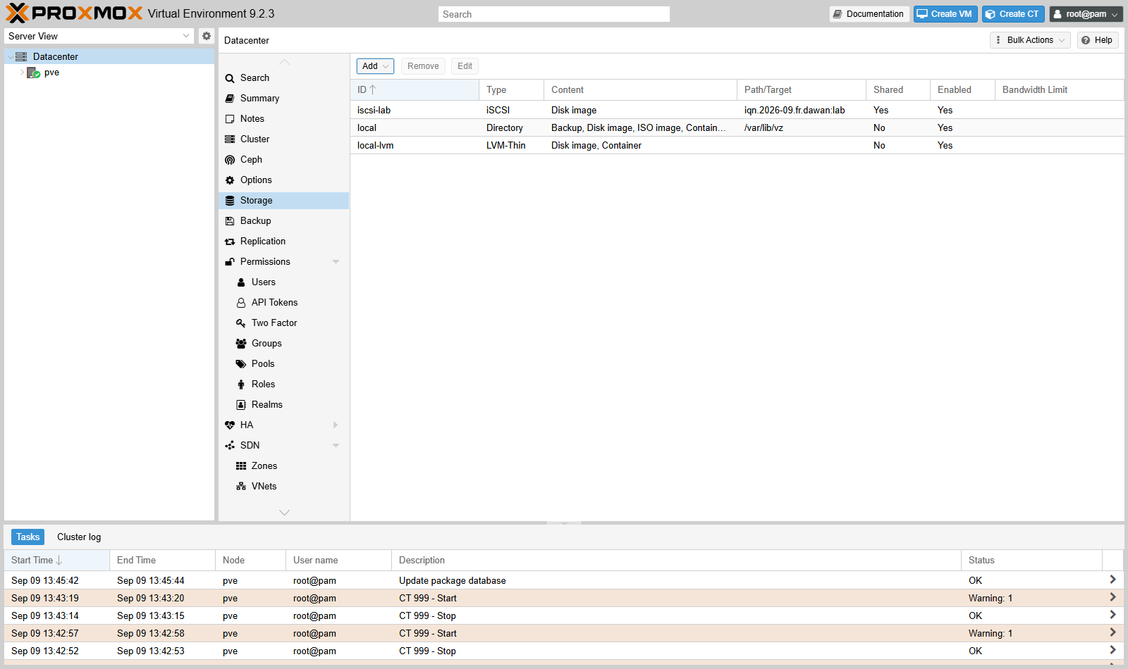Liste des stockages de Proxmox : iscsi-lab en type iSCSI, colonne Shared a Yes