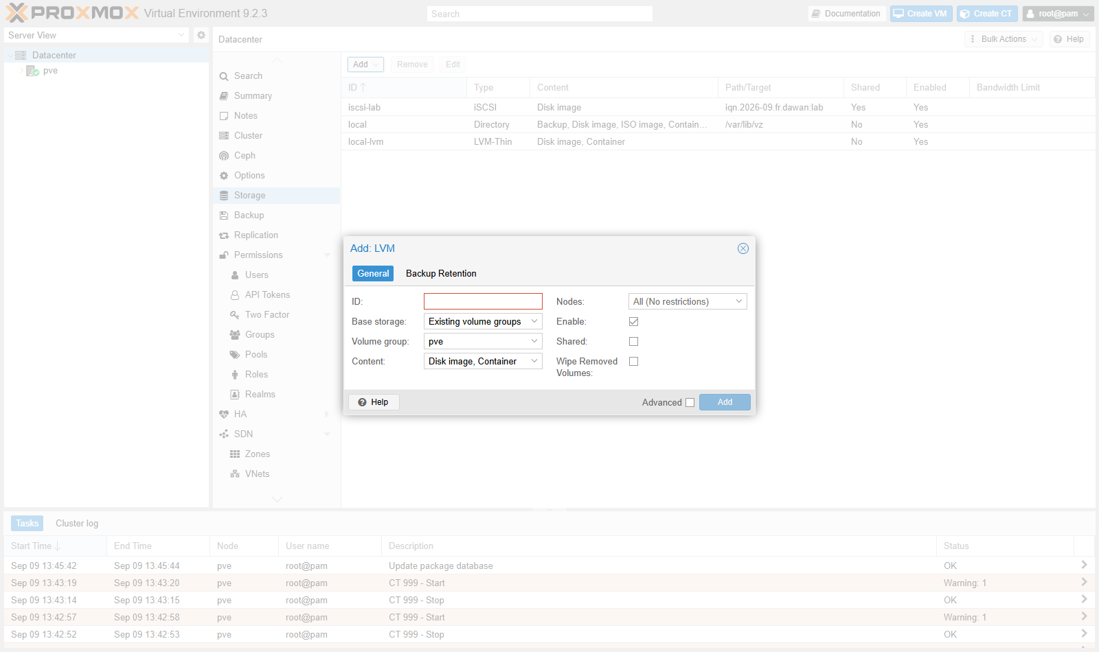 Fenetre Add: LVM de Proxmox, champ Base storage sur Existing volume groups