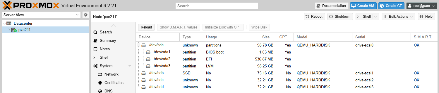 Nœud → Disks sur pxe211 : /dev/sda découpé en partitions du système, /dev/sdb, /dev/sdc et /dev/sdd libres (Usage No)