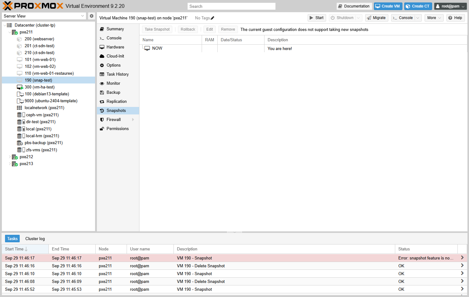 Onglet Snapshots d'une VM dont un disque est sur un répertoire : bouton grisé