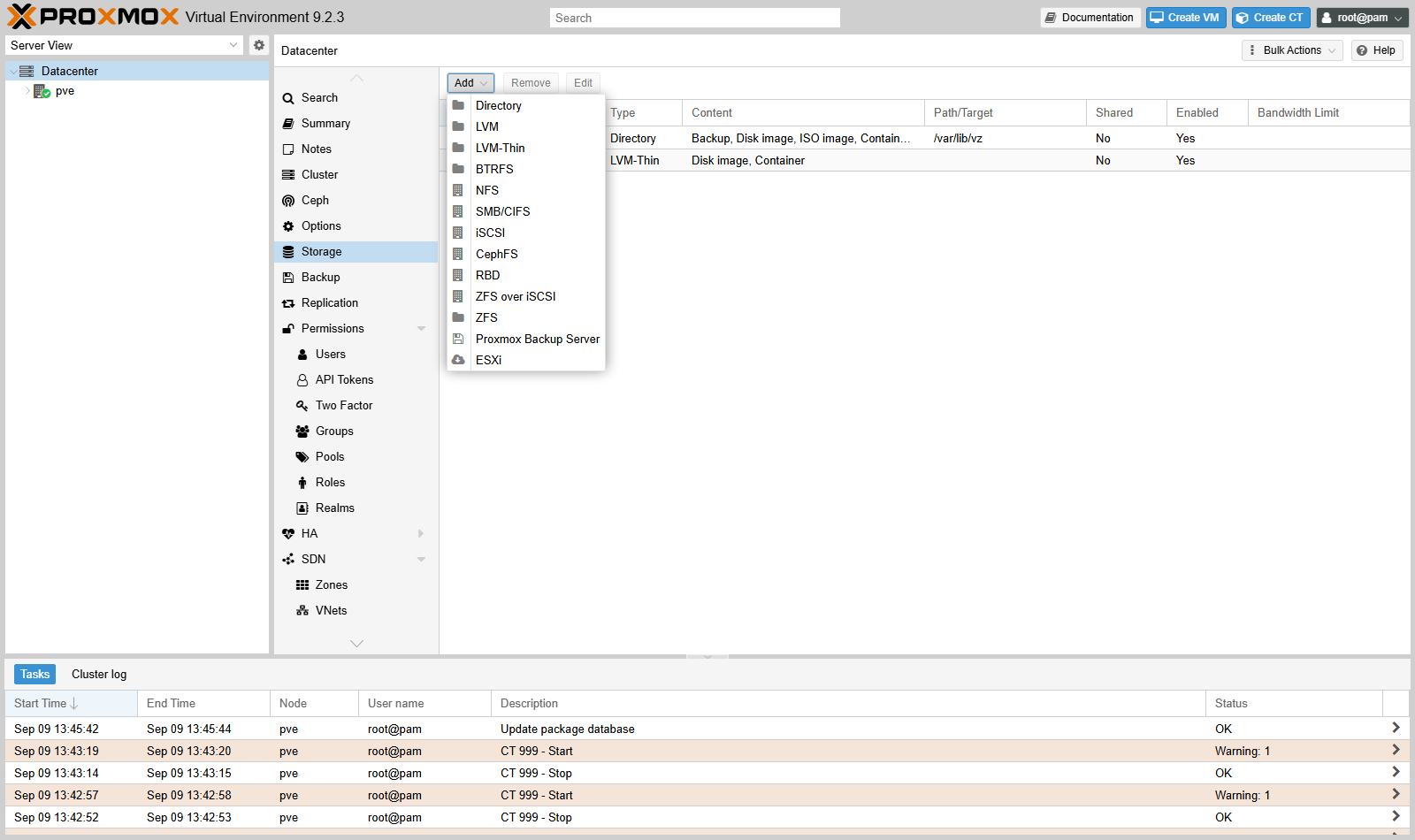 Menu Add de Datacenter → Storage sous Proxmox VE 9.2 : les types de stockage proposés