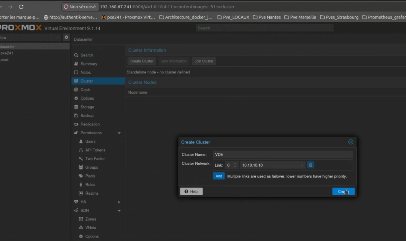 Fenêtre Create Cluster avec le nom et le réseau du cluster