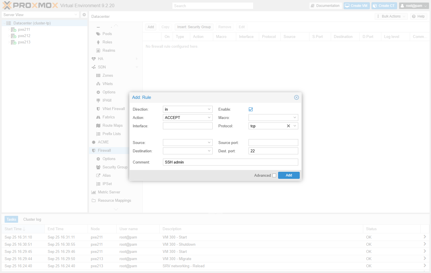 Fenêtre Add: Rule pour SSH