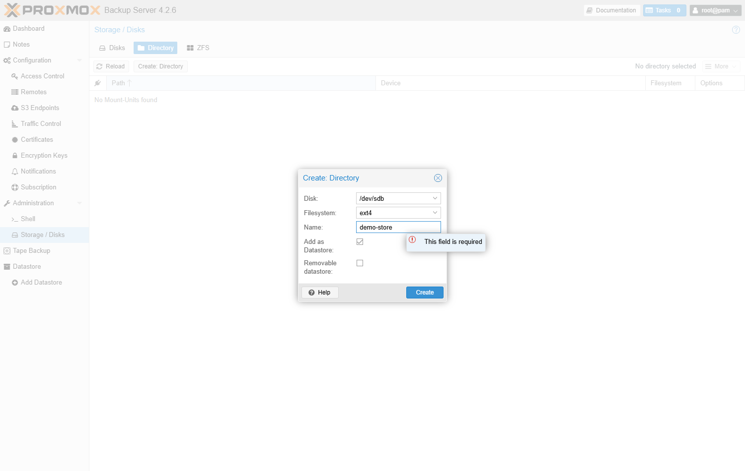 Fenêtre Create: Directory remplie