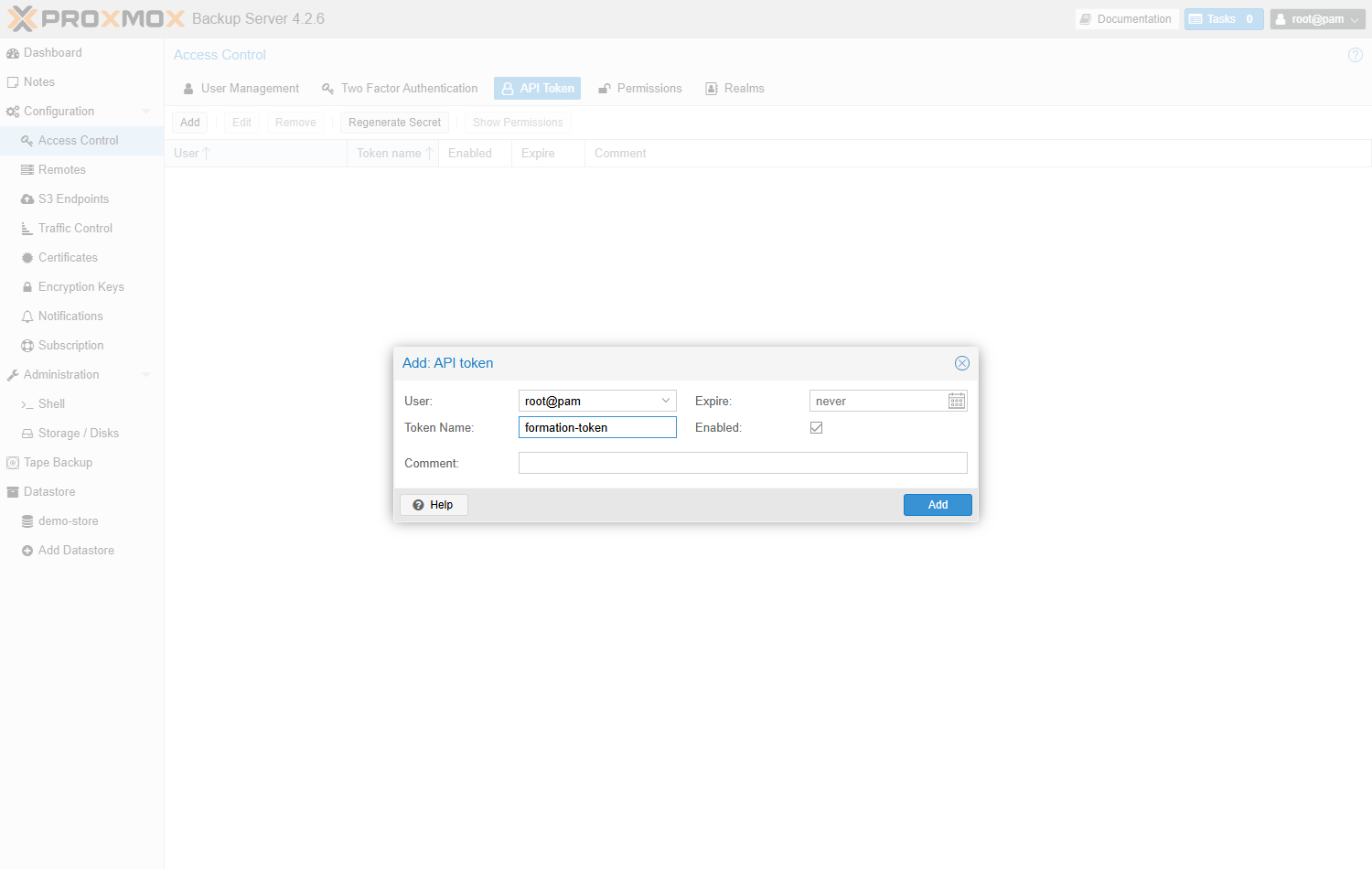 Fenêtre Add: API token de Proxmox Backup Server 4.2 : utilisateur root@pam, nom formation-token