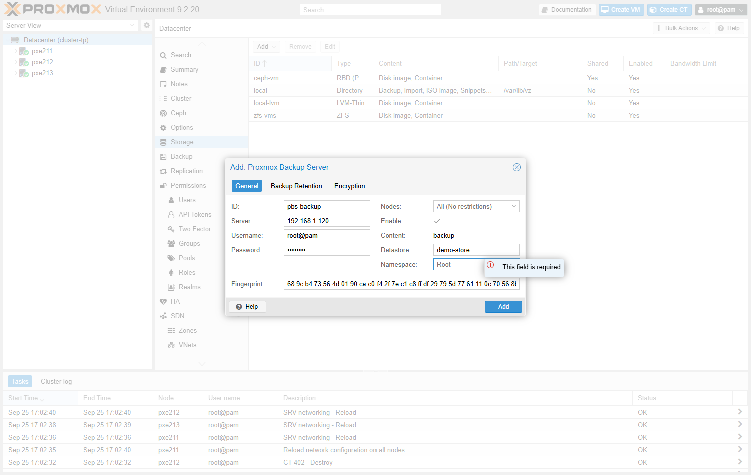 Fenêtre Add: Proxmox Backup Server remplie