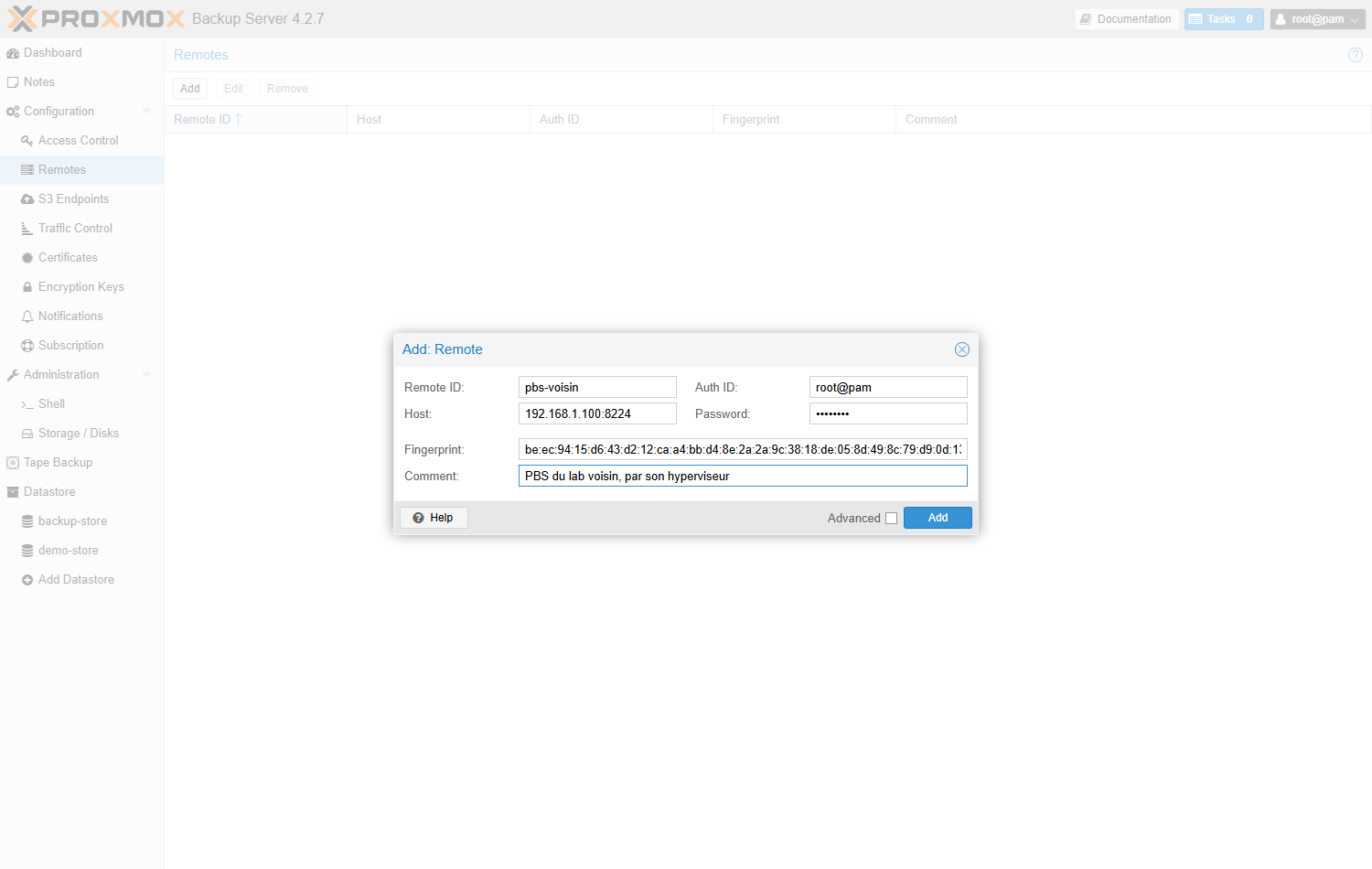 La fenêtre Add: Remote remplie