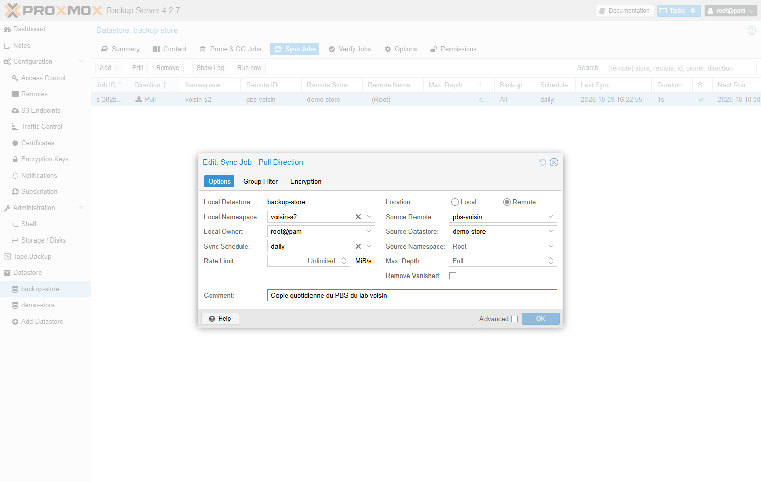 Le job de synchronisation, Local Namespace voisin-s2